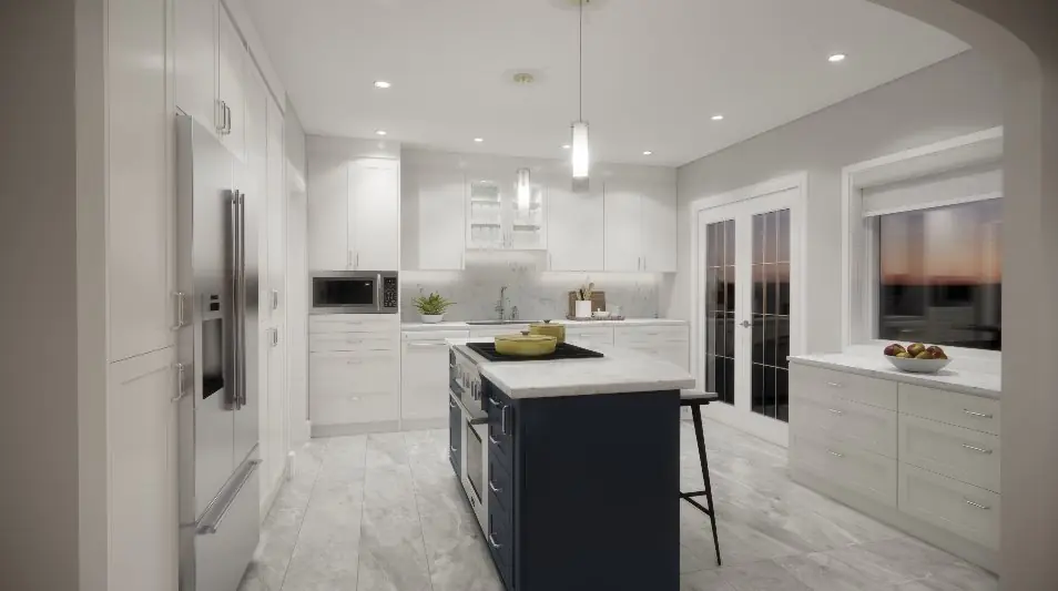 White kitchen with a dark island and pendant light