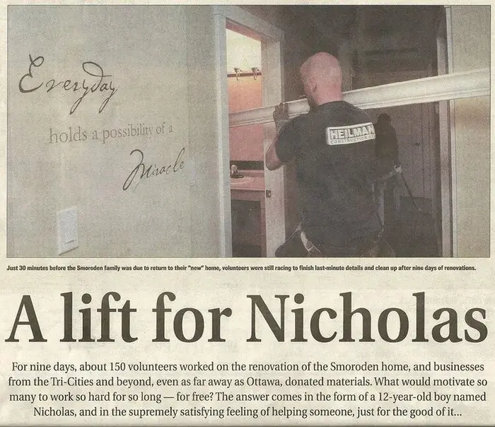 Newspaper clipping: A lift for Nicholas